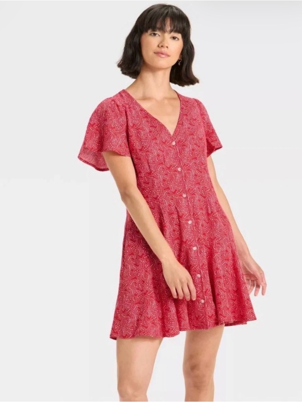 Universal Thread Red Paisley Button-Front Mini Dress